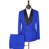 The Bespoke Shawl Lapel Double Breasted Men Suit is an essential part of any wardrobe. Whether you need a sharp business suit, a Custom design black tie evening look or a wedding or prom suit, you will find the perfect fit in stylesnuggle collection.Custom made this Royal blue Shawl Lapel Slim Fit Double Breasted Jacquard Wedding Suits with rush order service.