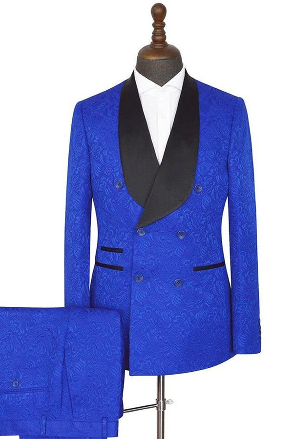 The Bespoke Shawl Lapel Double Breasted Men Suit is an essential part of any wardrobe. Whether you need a sharp business suit, a Custom design black tie evening look or a wedding or prom suit, you will find the perfect fit in stylesnuggle collection.Custom made this Royal blue Shawl Lapel Slim Fit Double Breasted Jacquard Wedding Suits with rush order service.