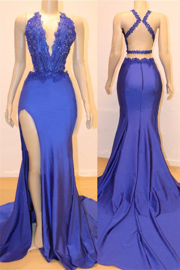 Shop stylesnuggle for Sexy V-neck Chic Open back Side Slit Prom Dresses at Cheap prices. Elegant Royal Blue Mermaid Beads Lace Evening Gowns from wholesale prices. Get ready for your prom night.