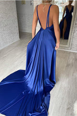 Royal Blue V-Neck Sleeveless Prom Dress Mermaid Slit-stylesnuggle