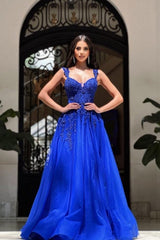 Royal Long Blue Sleeveless Prom Dresses A-line Lace Graduation Dresses-stylesnuggle