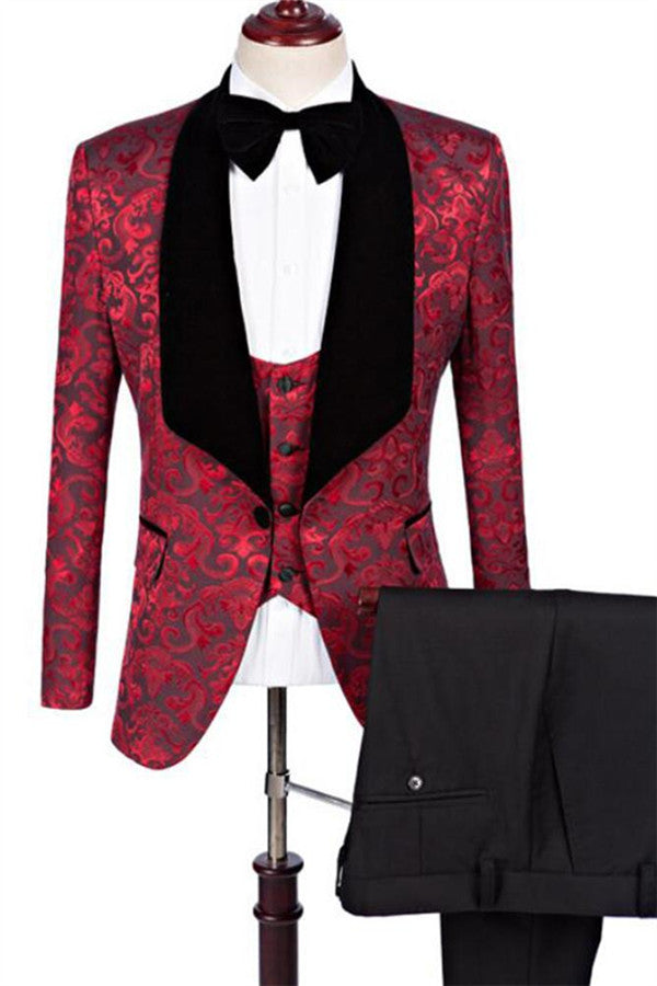 Ruby Flower Slim Fit Pattern Prom Suits Designer Three Pieces Jacquard Men Suits