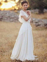 Check this Ruched Floor-Length A-Line V-neck Chiffon Short Sleeves Wedding Dresses at stylesnuggle.com, this dress will make your guests say wow. The V-neck bodice is thoughtfully lined, and the Floor-length skirt with Ruched to provide the airy, flatter look of 100D Chiffon,Lace.