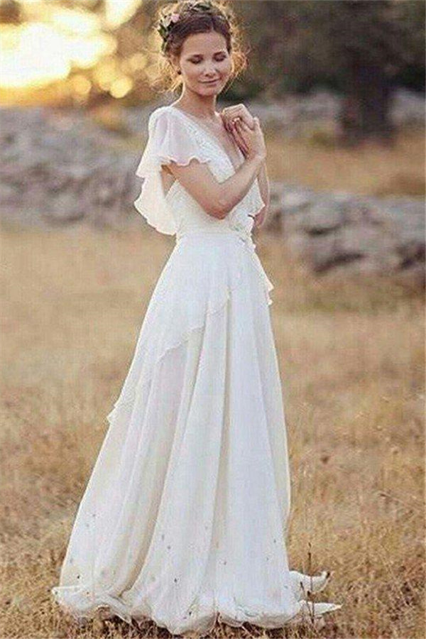 Ruched Floor Length A Line V neck Chiffon Short Sleeves Wedding Dresses-stylesnuggle