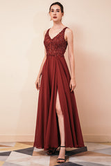 Rust A-line Chiffon V-neck Open-back Evening Dress-stylesnuggle