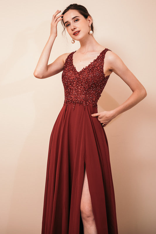 Rust A-line Chiffon V-neck Open-back Evening Dress-stylesnuggle