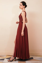 Rust A-line Chiffon V-neck Open-back Evening Dress-stylesnuggle