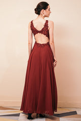 Rust A-line Chiffon V-neck Open-back Evening Dress-stylesnuggle