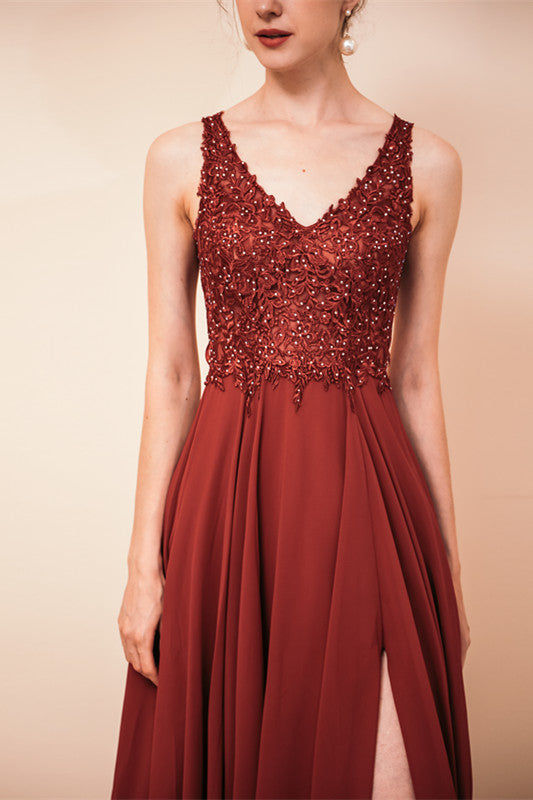 Rust A-line Chiffon V-neck Open-back Evening Dress-stylesnuggle