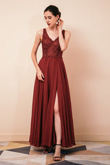 Rust A-line Chiffon V-neck Open-back Evening Dress-stylesnuggle