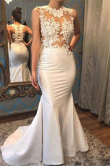 Satin Mermaid Scoop Sleeveless Applique Court Train Wedding Dresses-stylesnuggle