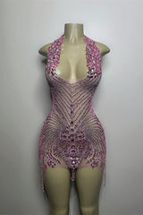 Sequined Mermaid Halter Jersey Beading Sleeveless Mini Rhinestone Party Dress With Feather-stylesnuggle