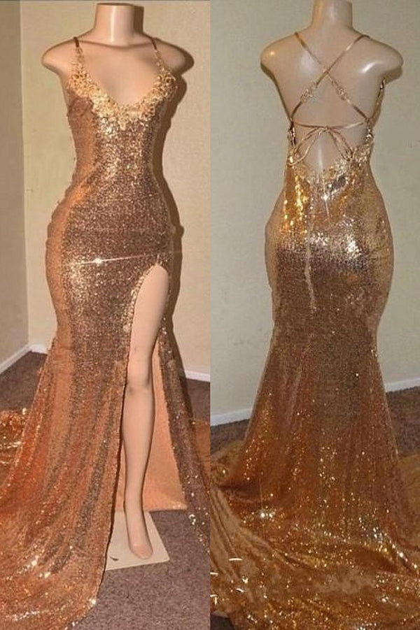 stylesnuggle offers Sequins Sleeveless Front Slit Floor Length Mermaid Dresses at a cheap price from Sequined to Mermaid Floor-length hem.. Click in to check our Gorgeous yet affordable gilltering Real model dresses.