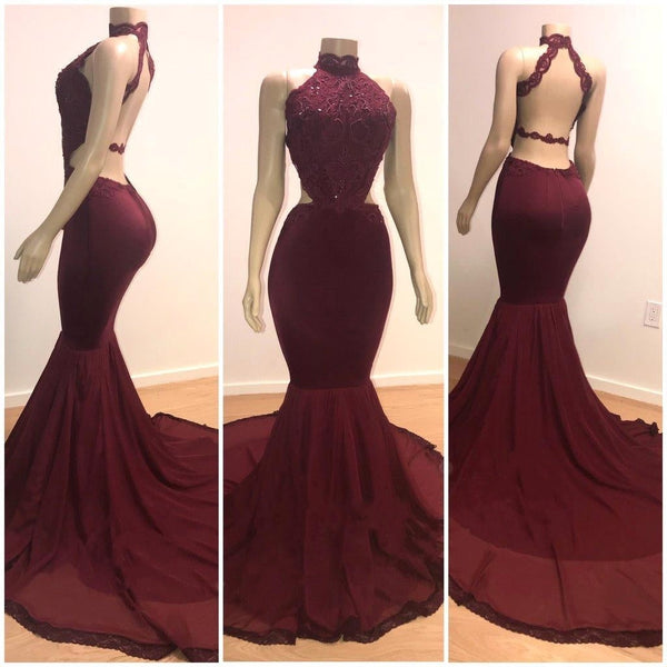 Sexy Backless Halter Mermaid Prom Dress Burgundy Long Chiffon Backless-stylesnuggle