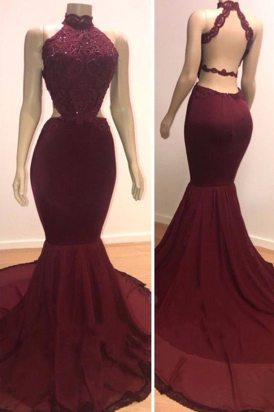 Sexy Backless Halter Mermaid Prom Dress Burgundy Long Chiffon Backless-stylesnuggle