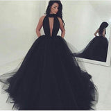 Sexy Ball Gown Black Prom Dress Long Tulle Deep V-neck-stylesnuggle