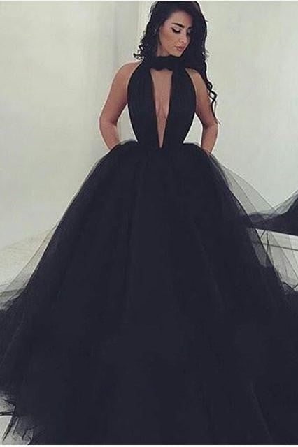 Sexy Ball Gown Black Prom Dress Long Tulle Deep V-neck-stylesnuggle