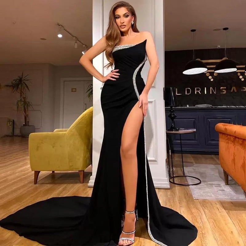 Sexy Black Mermaid Slit Prom Dress With Silver Sequins-stylesnuggle