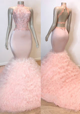 Sexy Chiffon High Collar Mermaid Prom Dress Sequins Pink Long-stylesnuggle