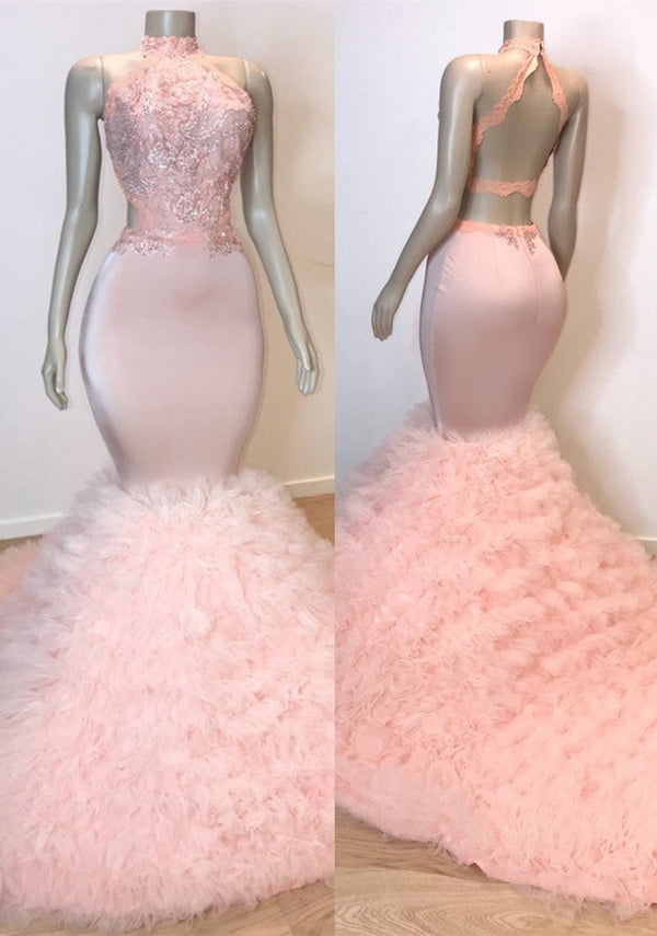 Sexy Chiffon High Collar Mermaid Prom Dress Sequins Pink Long-stylesnuggle