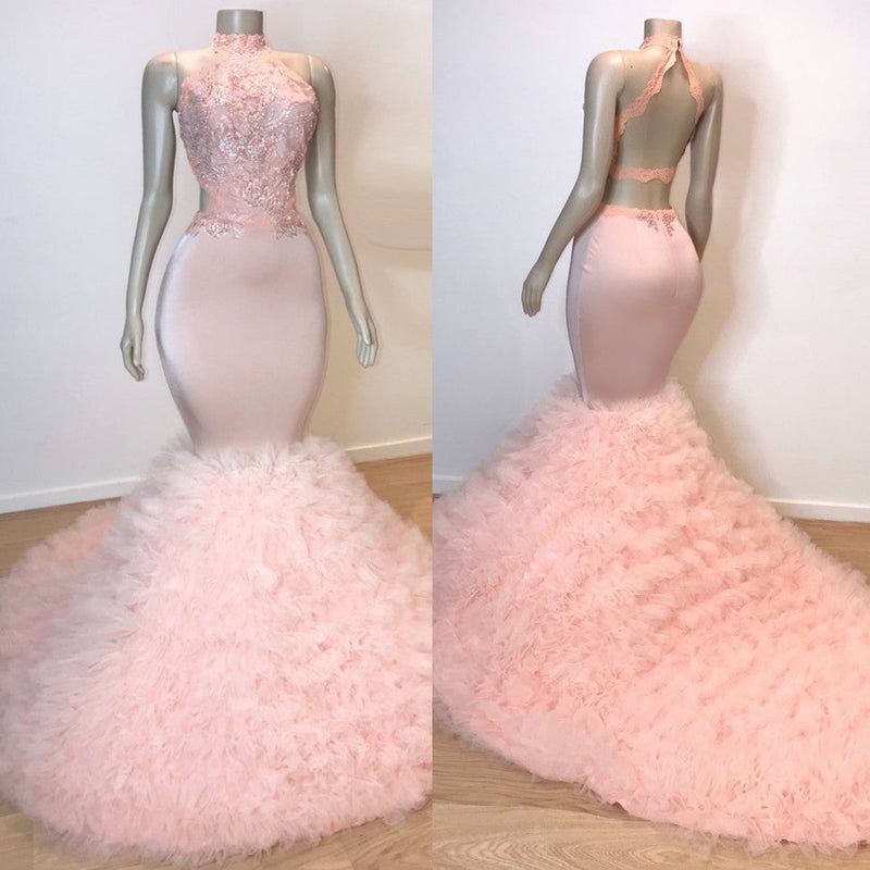 Sexy Chiffon High Collar Mermaid Prom Dress Sequins Pink Long-stylesnuggle