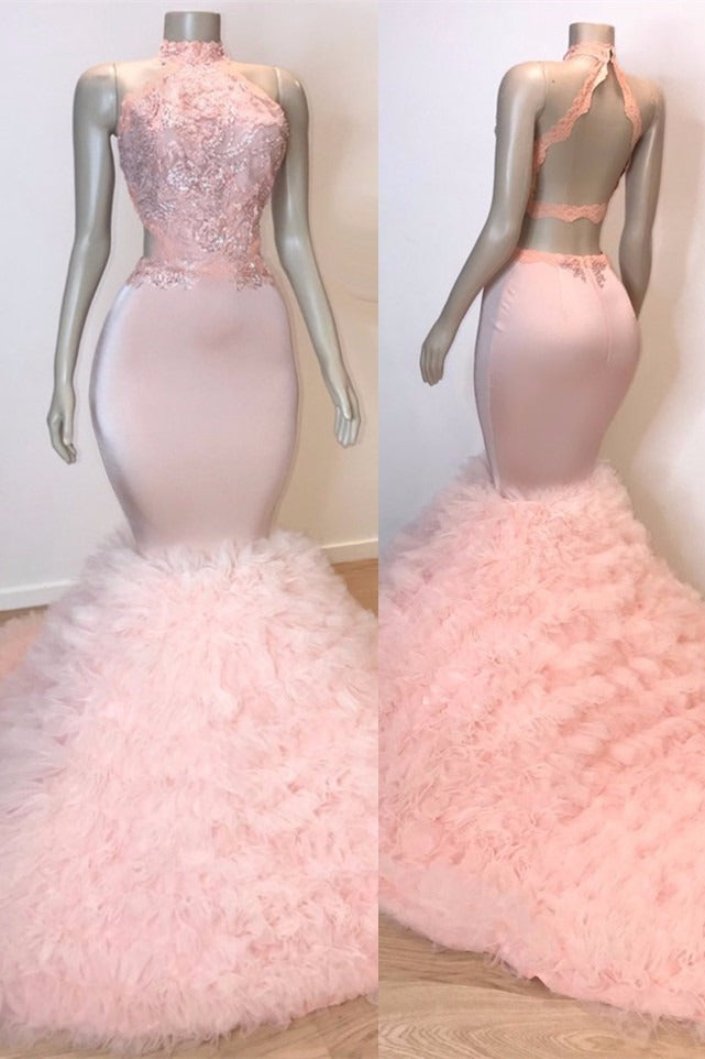 Sexy Chiffon High Collar Mermaid Prom Dress Sequins Pink Long-stylesnuggle