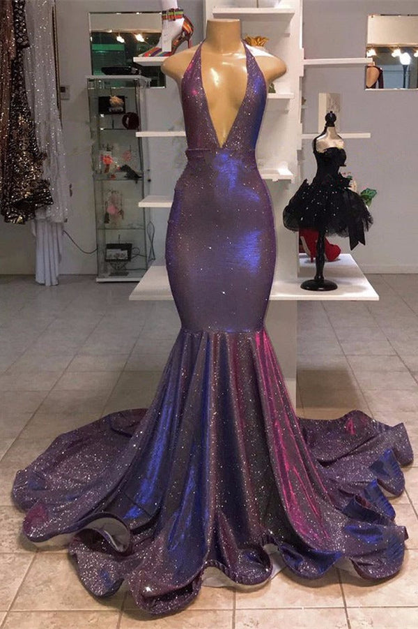 Sexy Deep V-neck Chiffon Mermaid Prom Dress Sequins Long-stylesnuggle