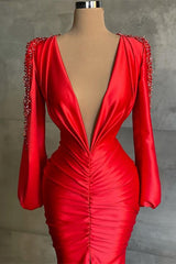 Sexy Deep V-Neck Red Long Sleeves Prom Dress Mermaid-stylesnuggle