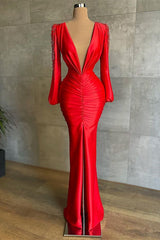 Sexy Deep V-Neck Red Long Sleeves Prom Dress Mermaid-stylesnuggle