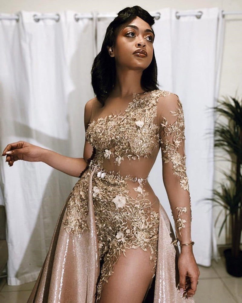 Sexy Gold Two-piece Prom Dress Sequins Long Sleeve On One Side-stylesnuggle