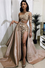 Sexy Gold Two-piece Prom Dress Sequins Long Sleeve On One Side-stylesnuggle