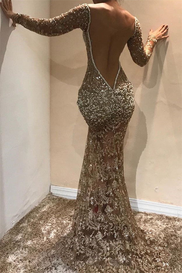 Sexy Gold V-Neck Long Sleeves Mermaid Prom Dress Sequins Long-stylesnuggle