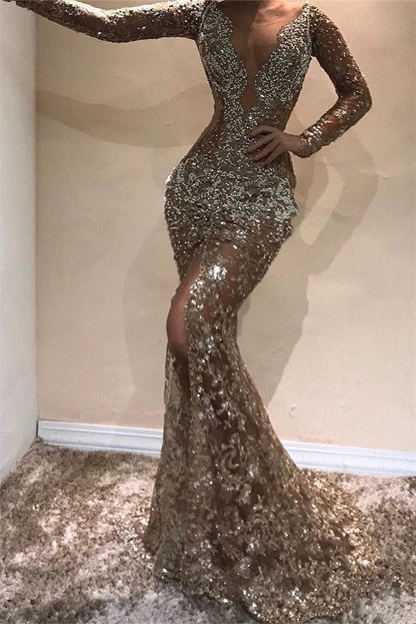 Sexy Gold V-Neck Long Sleeves Mermaid Prom Dress Sequins Long-stylesnuggle