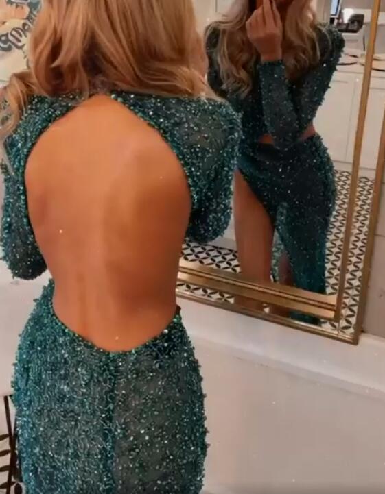 Sexy Green Long Sleeve Slit Prom Dress Long Sequins Beadings-stylesnuggle