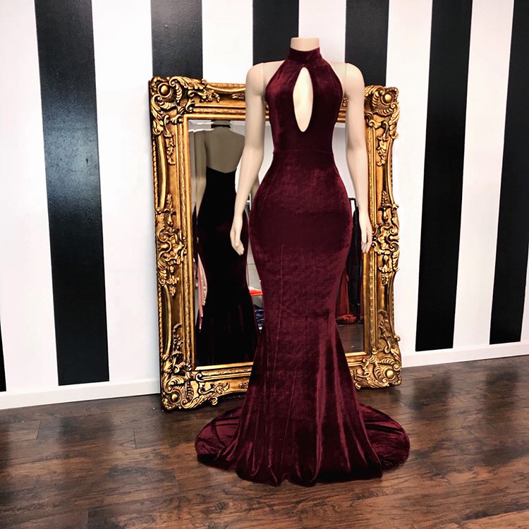 Sexy Halter V-neck Mermaid Prom Dress Burgundy Long Chiffon-stylesnuggle