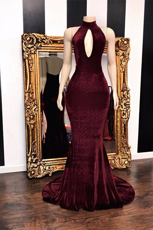 Sexy Halter V-neck Mermaid Prom Dress Burgundy Long Chiffon-stylesnuggle