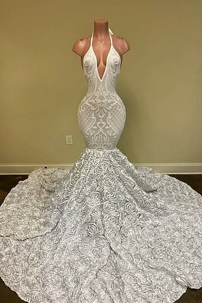 Sexy Hater Deep V-Neck Backless Ivory Prom Dress with Flowers Bottom-stylesnuggle