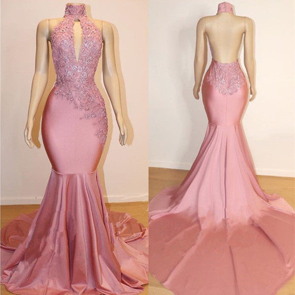 Sexy High Collar Mermaid Prom Dress Sequins Pink Long Backless-stylesnuggle