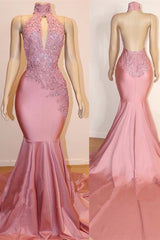 Sexy High Collar Mermaid Prom Dress Sequins Pink Long Backless-stylesnuggle