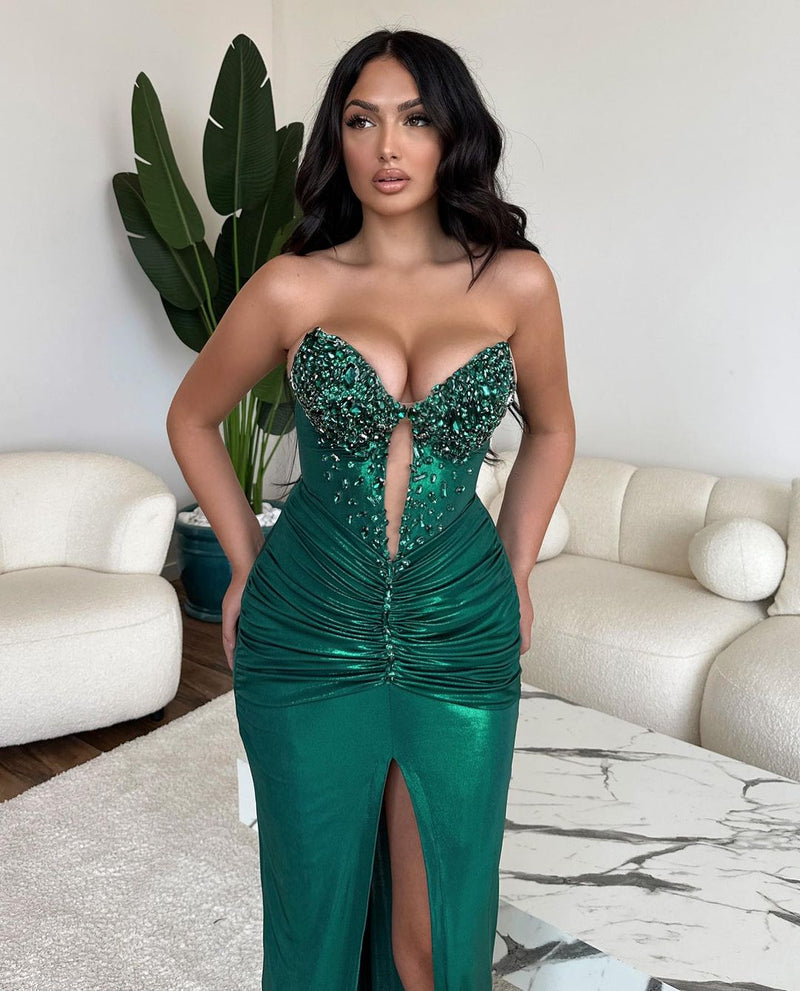 Sexy Long Green Mermaid Sequined Sleeveless Prom Dress With Slit