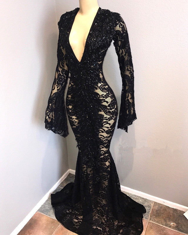 Sexy Long Sleeves Black Mermaid Prom Dress Lace V-neck Long-stylesnuggle