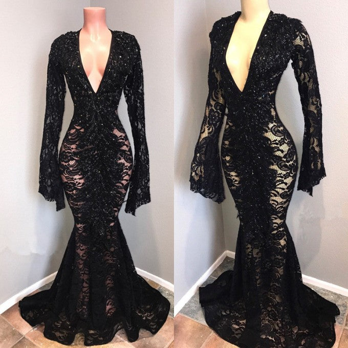 Sexy Long Sleeves Black Mermaid Prom Dress Lace V-neck Long-stylesnuggle