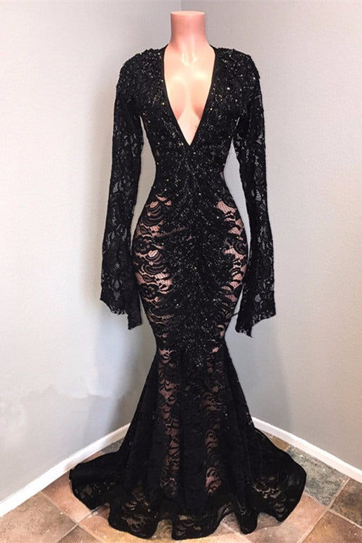 Sexy Long Sleeves Black Mermaid Prom Dress Lace V-neck Long-stylesnuggle