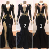 Sexy Long Sleeves Black Mermaid Prom Dress Sequins Long Deep V-neck With Split-stylesnuggle