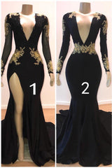 Sexy Long Sleeves Black Mermaid Prom Dress Sequins Long Deep V-neck With Split-stylesnuggle