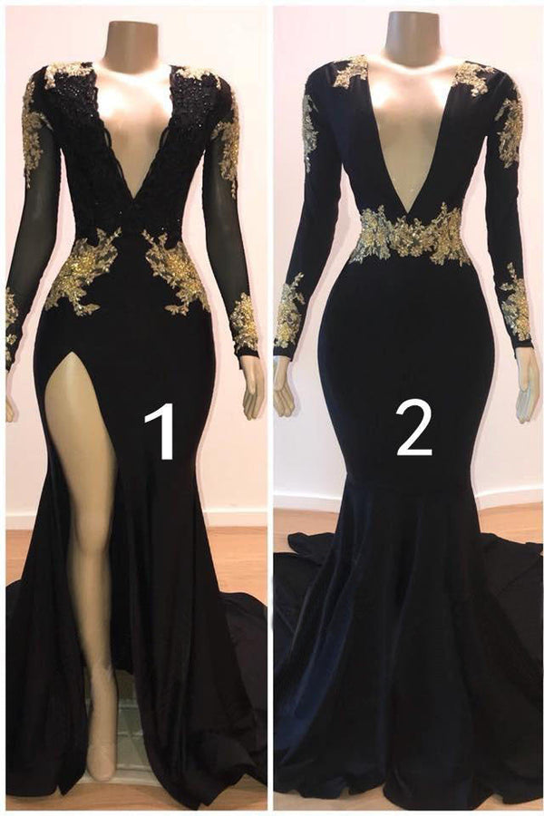 Sexy Long Sleeves Black Mermaid Prom Dress Sequins Long Deep V-neck With Split-stylesnuggle