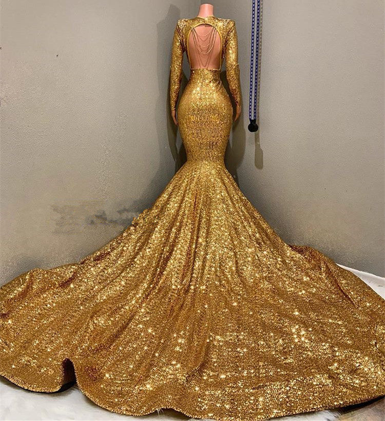 Sexy Long Sleeves Gold Mermaid Prom Dress Sequins V-neck Backless Long-stylesnuggle