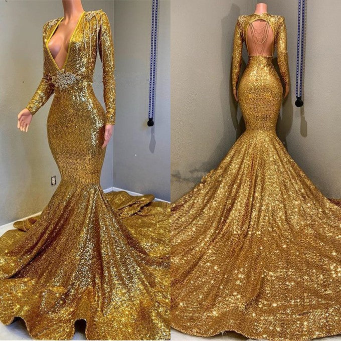 Sexy Long Sleeves Gold Mermaid Prom Dress Sequins V-neck Backless Long-stylesnuggle