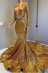 Sexy Long Sleeves Gold Mermaid Prom Dress Sequins V-neck Backless Long-stylesnuggle