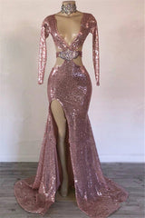 Sexy Long Sleeves Pink Mermaid Prom Dress Sequins V-neck Long With Split-stylesnuggle